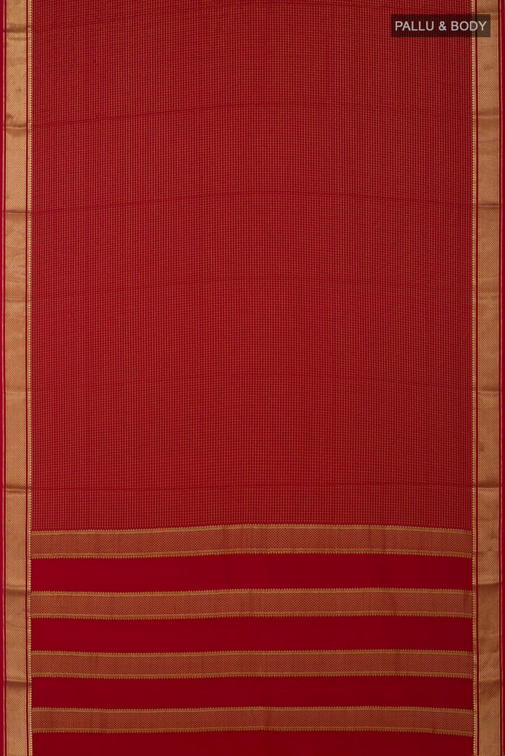 Flat view of Red Crepe Saree with Checked design on the body and Zari Border. 