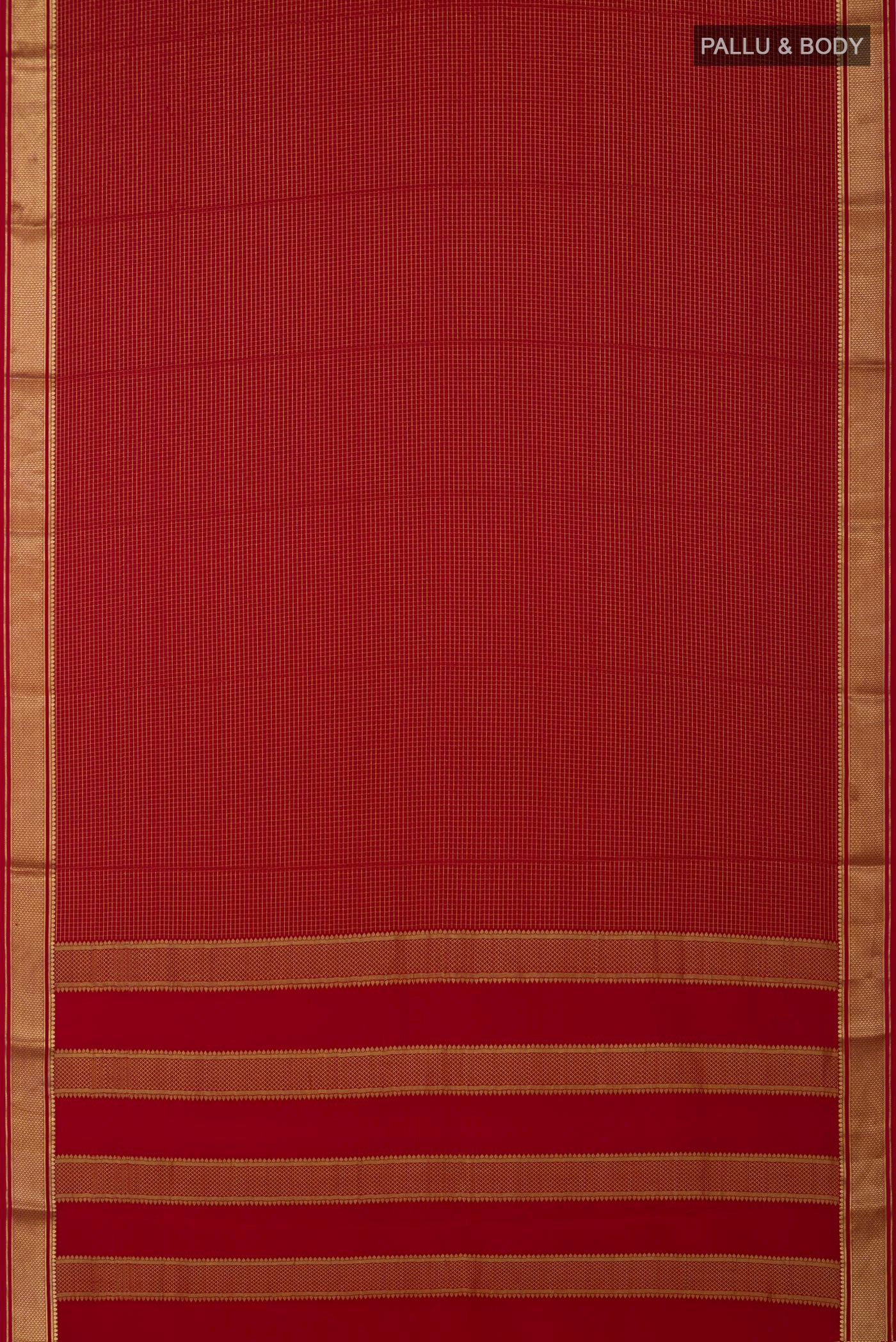 Flat view of Red Crepe Saree with Checked design on the body and Zari Border. 