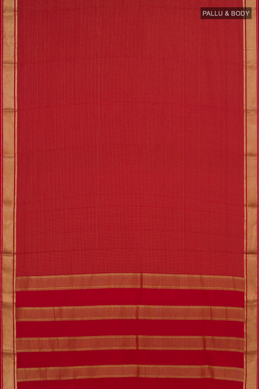 Flat view of Red Mysore Crepe Saree with Checked design on the body and Zari Border. 