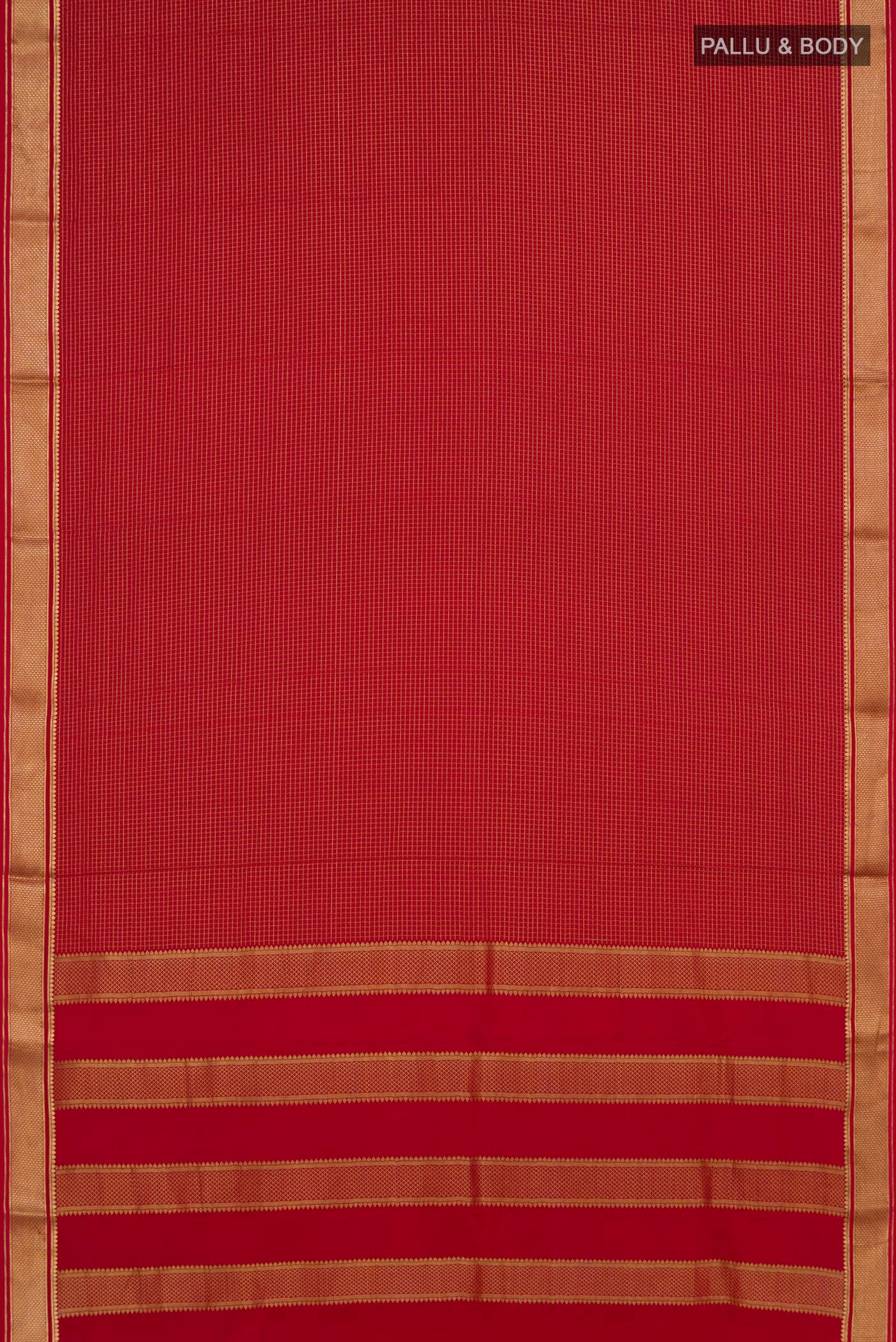 Flat view of Red Mysore Crepe Saree with Checked design on the body and Zari Border. 