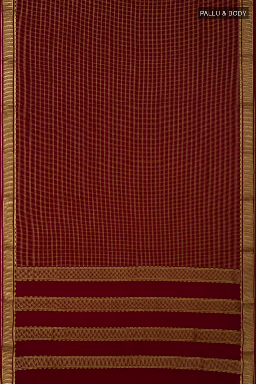 Flat view of Maroon Mysore Crepe Saree with Checked design on the body and Zari Border. 