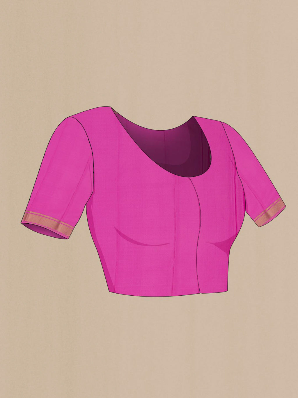 Close up image of the blouse of Pink Crepe Saree with Checked design on the body and Zari Border. 