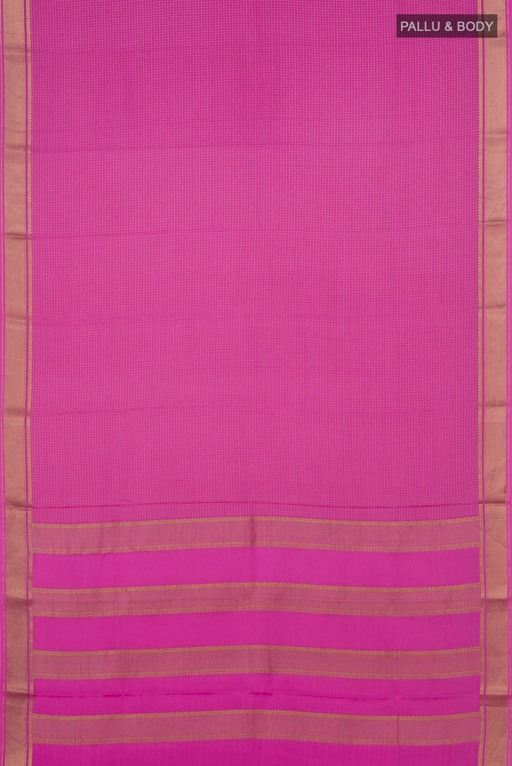 Flat view of Pink Crepe Saree with Checked design on the body and Zari Border. 