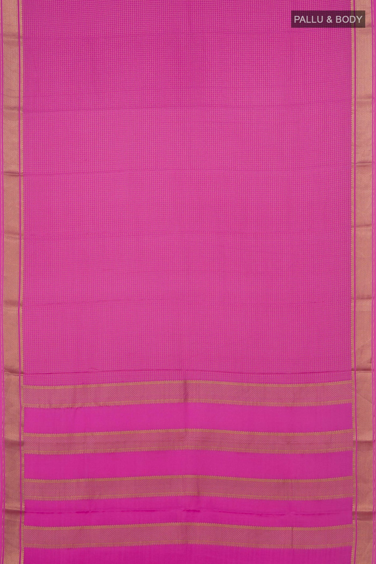 Flat view of Pink Crepe Saree with Checked design on the body and Zari Border. 