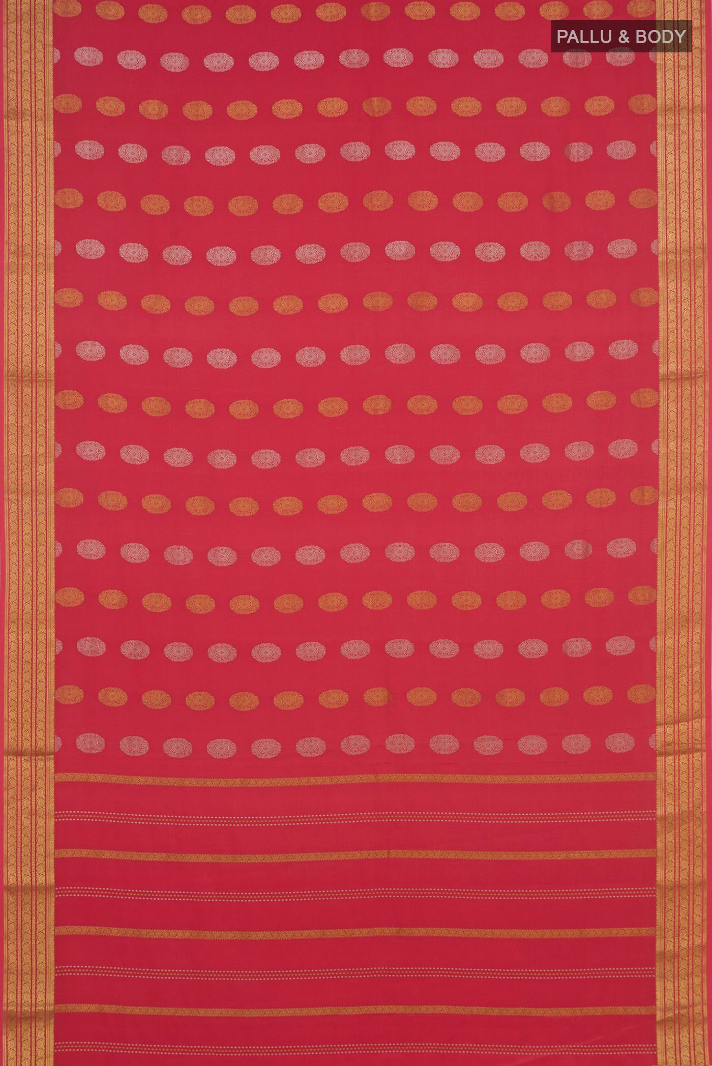 Flat view of Peach Crepe Saree with Zari Butta on the body and Zari Border. 