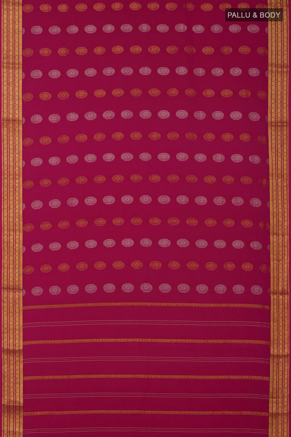 Flat view of Pink Crepe Saree with Zari Butta on the body and Zari Border. 