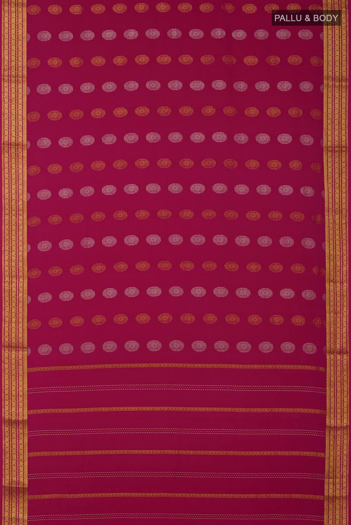 Flat view of Pink Crepe Saree with Zari Butta on the body and Zari Border. 