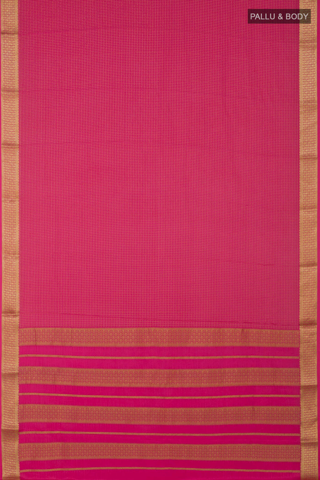 Flat view of Pink Crepe Saree with Checked design on the body and Zari Border. 