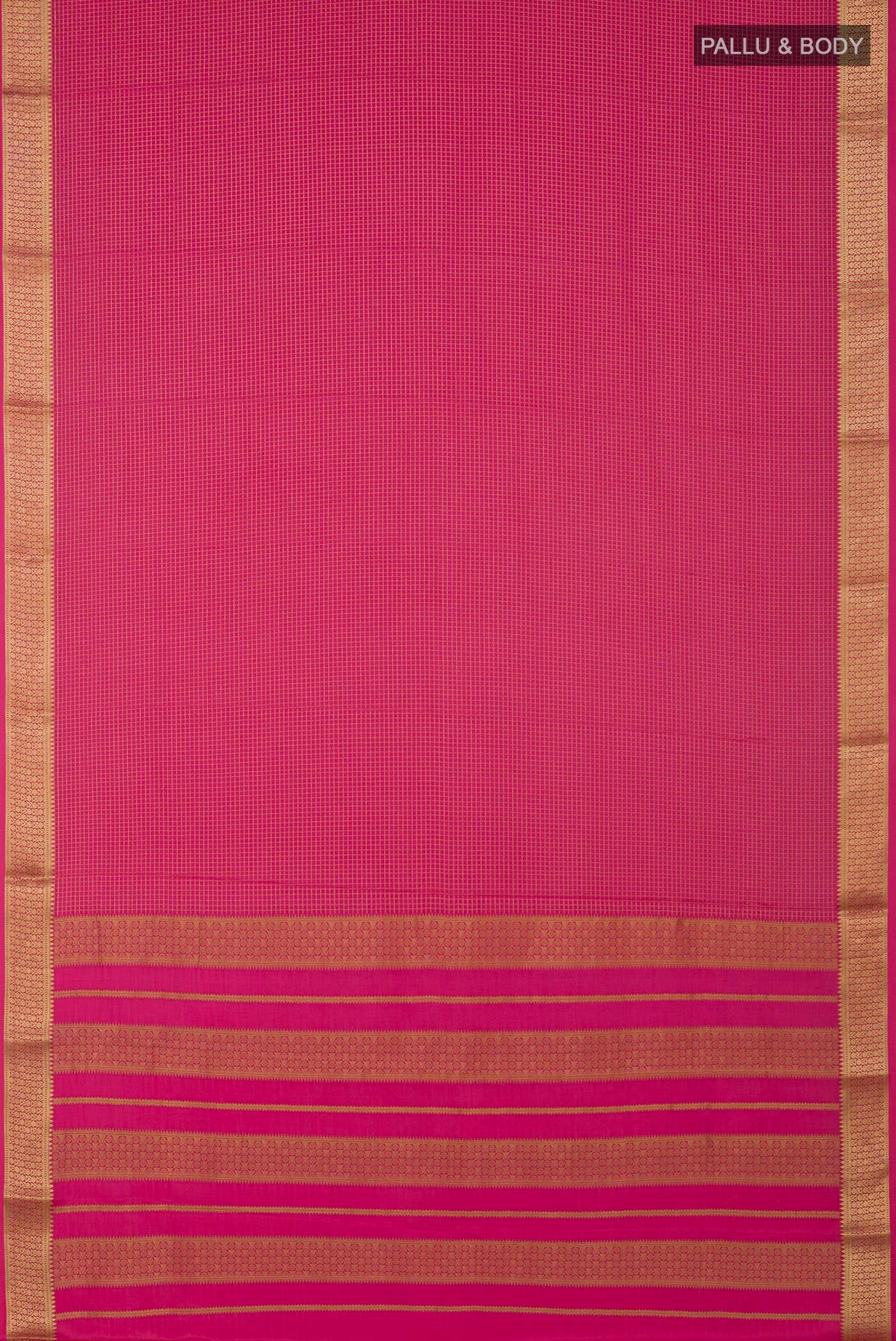 Flat view of Pink Crepe Saree with Checked design on the body and Zari Border. 