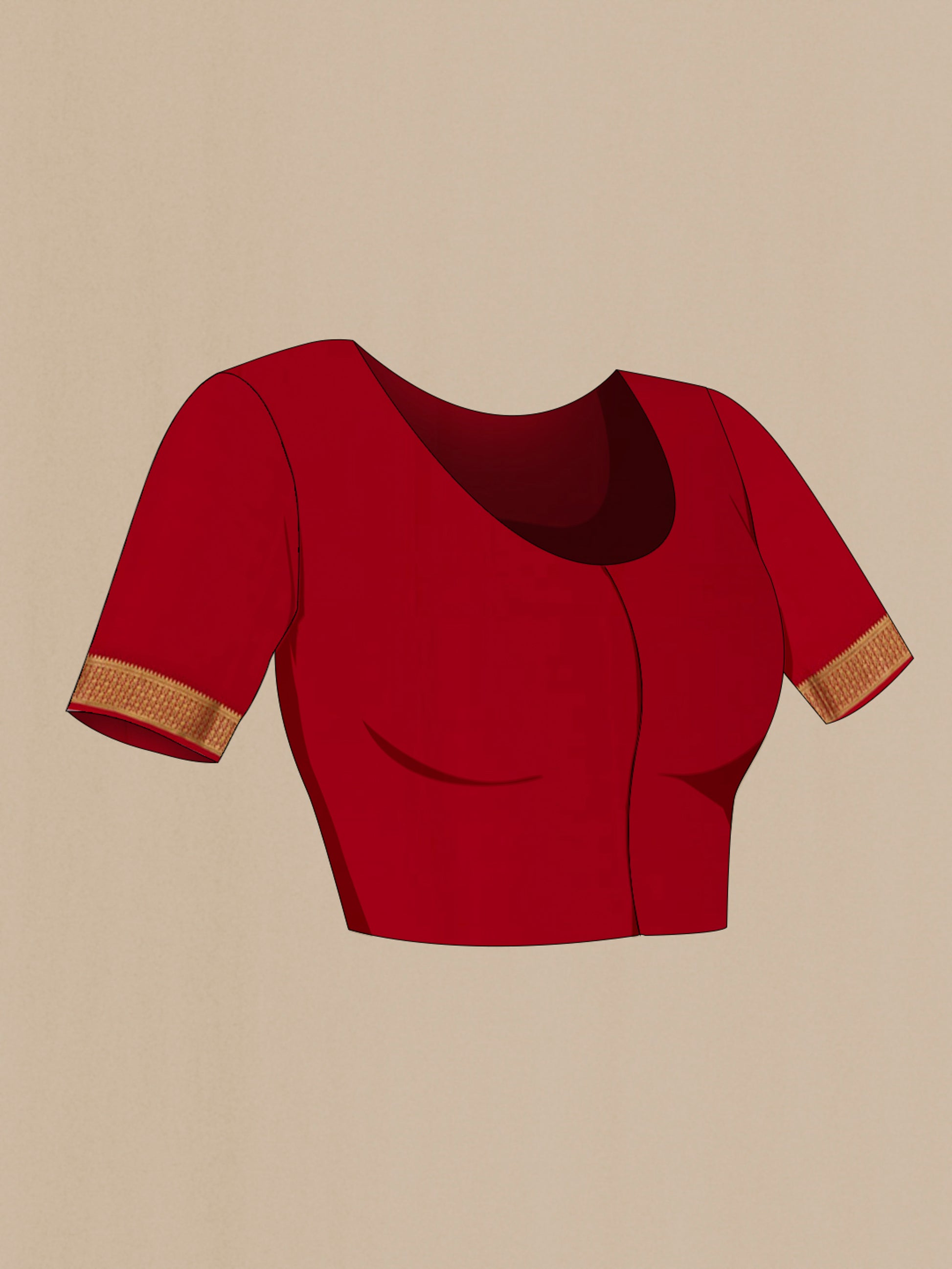 Close up image of the blouse of Red Crepe Saree with Checked design on the body and Zari Border. 