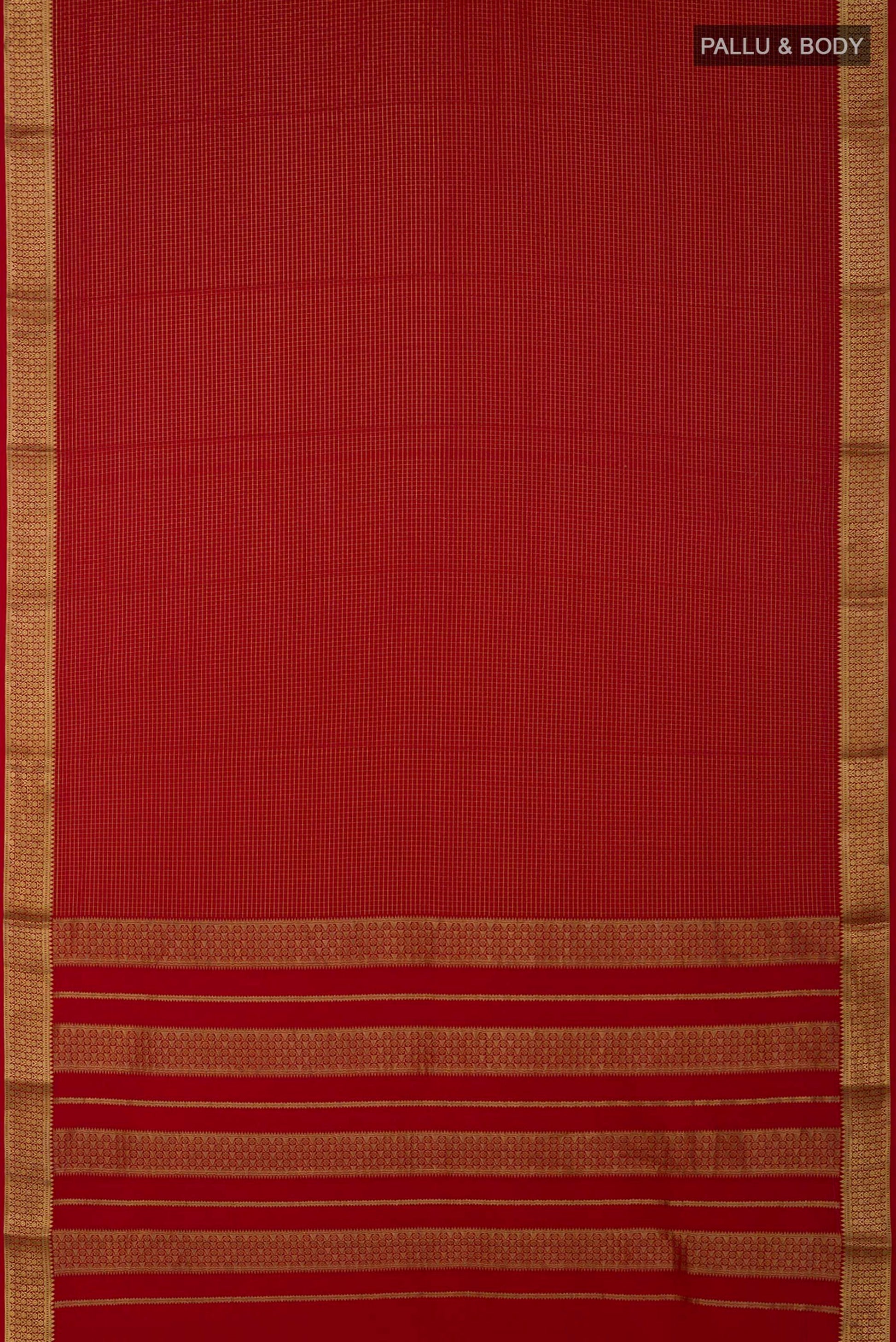 Flat view of Red Crepe Saree with Checked design on the body and Zari Border. 