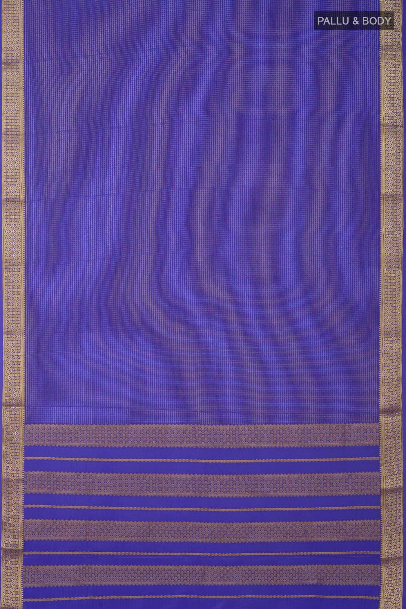 Flat view of Blue Crepe Saree with Checked design on the body and Zari Border. 