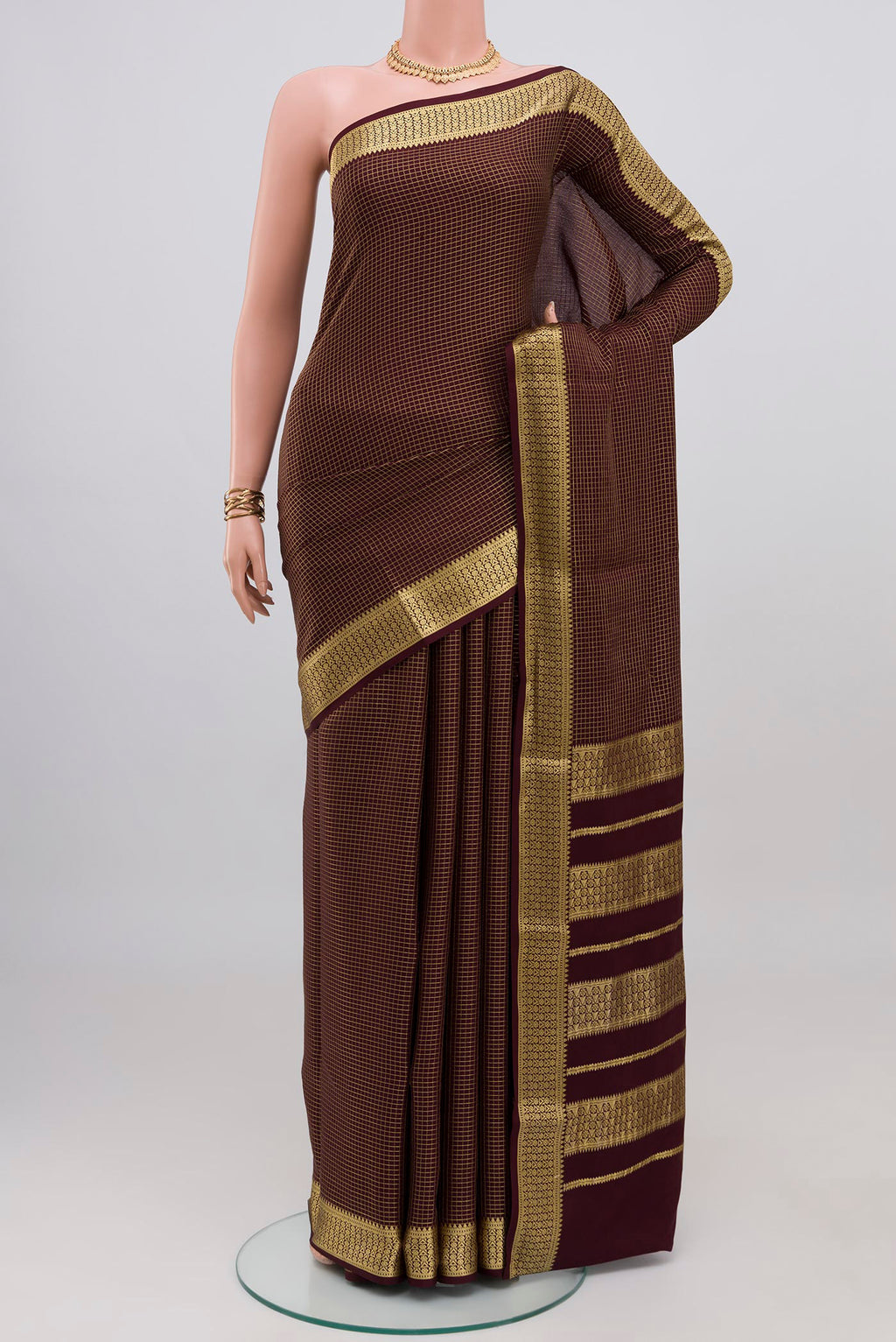 Purple Mysore Crepe Saree with Checked design on the body and Zari Border.  displayed on a mannequin