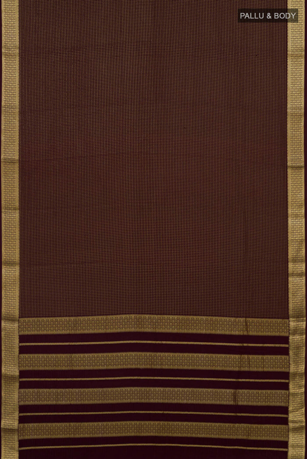 Flat view of Purple Mysore Crepe Saree with Checked design on the body and Zari Border. 