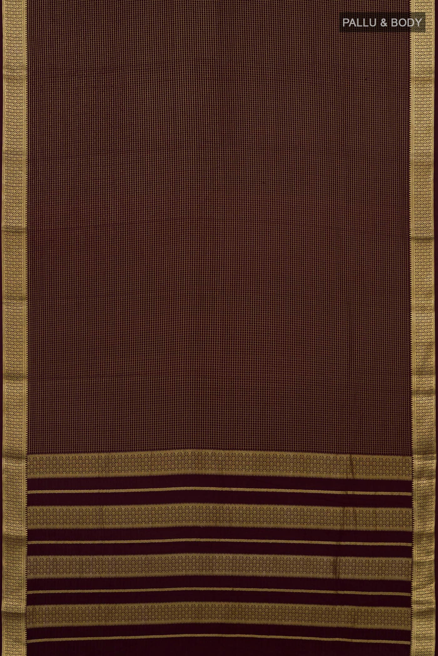 Flat view of Purple Mysore Crepe Saree with Checked design on the body and Zari Border. 