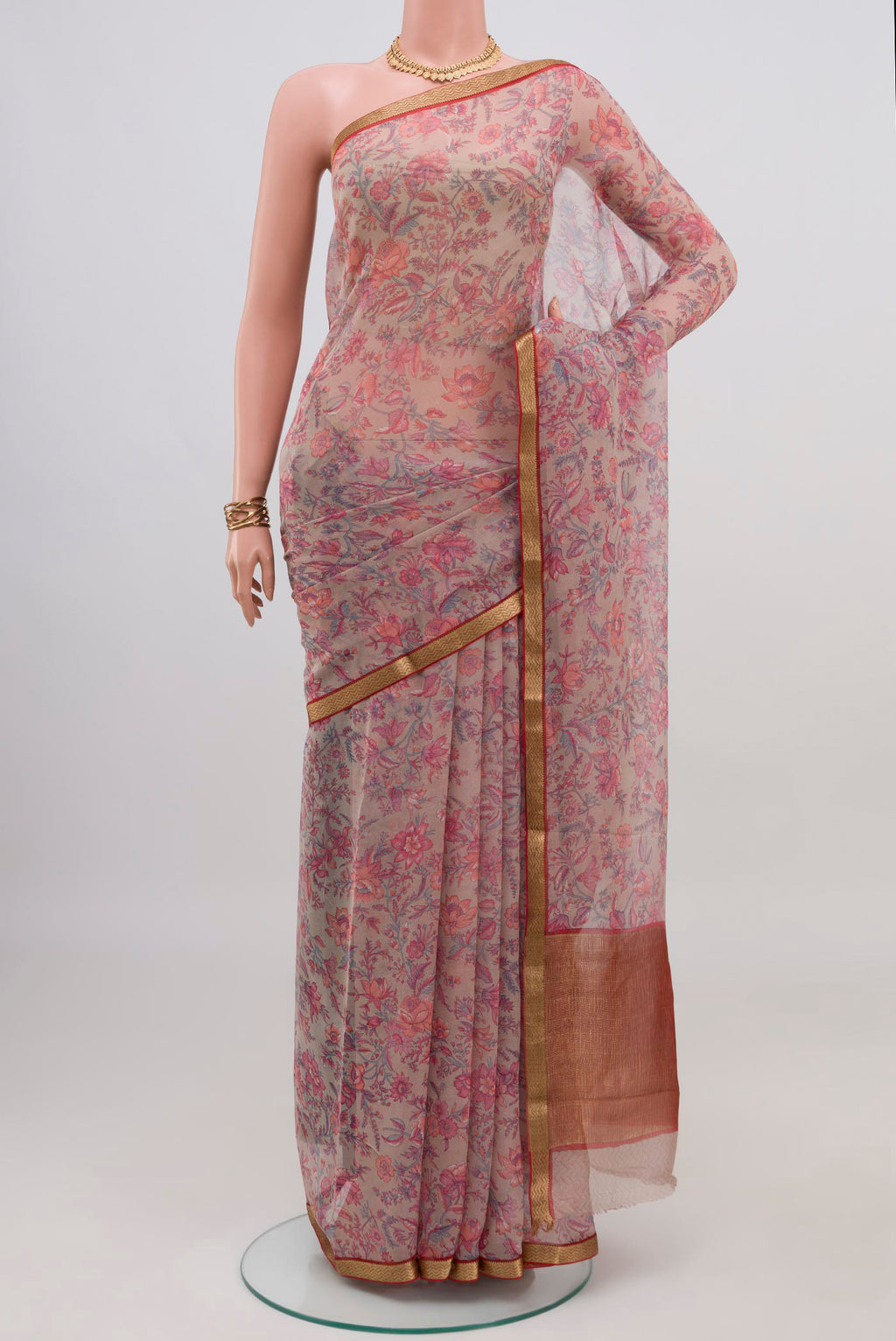 Lavender Mysore Chiffon Saree with Printed design on the body and Zari Border.  displayed on a mannequin
