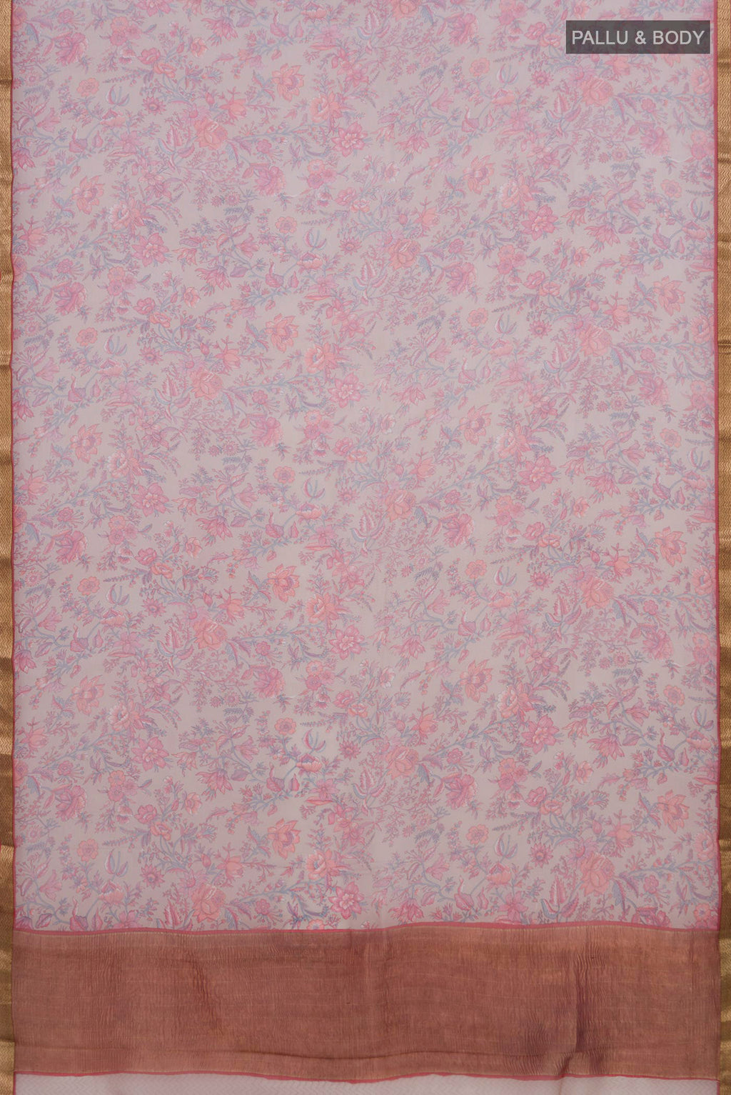 Flat view of Lavender Mysore Chiffon Saree with Printed design on the body and Zari Border. 