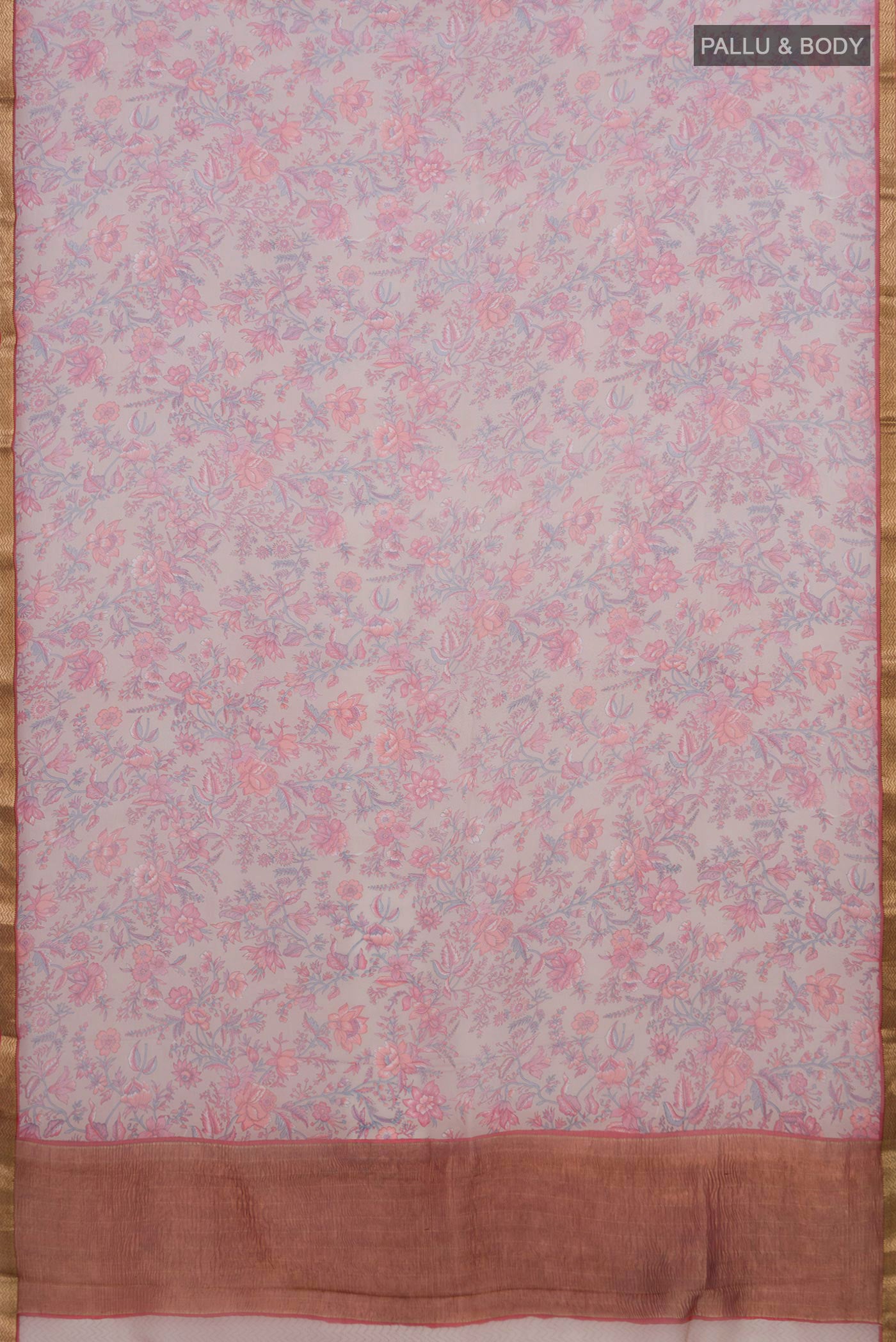 Flat view of Lavender Mysore Chiffon Saree with Printed design on the body and Zari Border. 