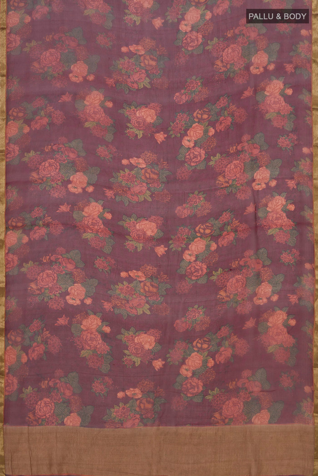 Flat view of Coffee Brown Mysore Chiffon Saree with Floral Print on the body and Zari Border. 