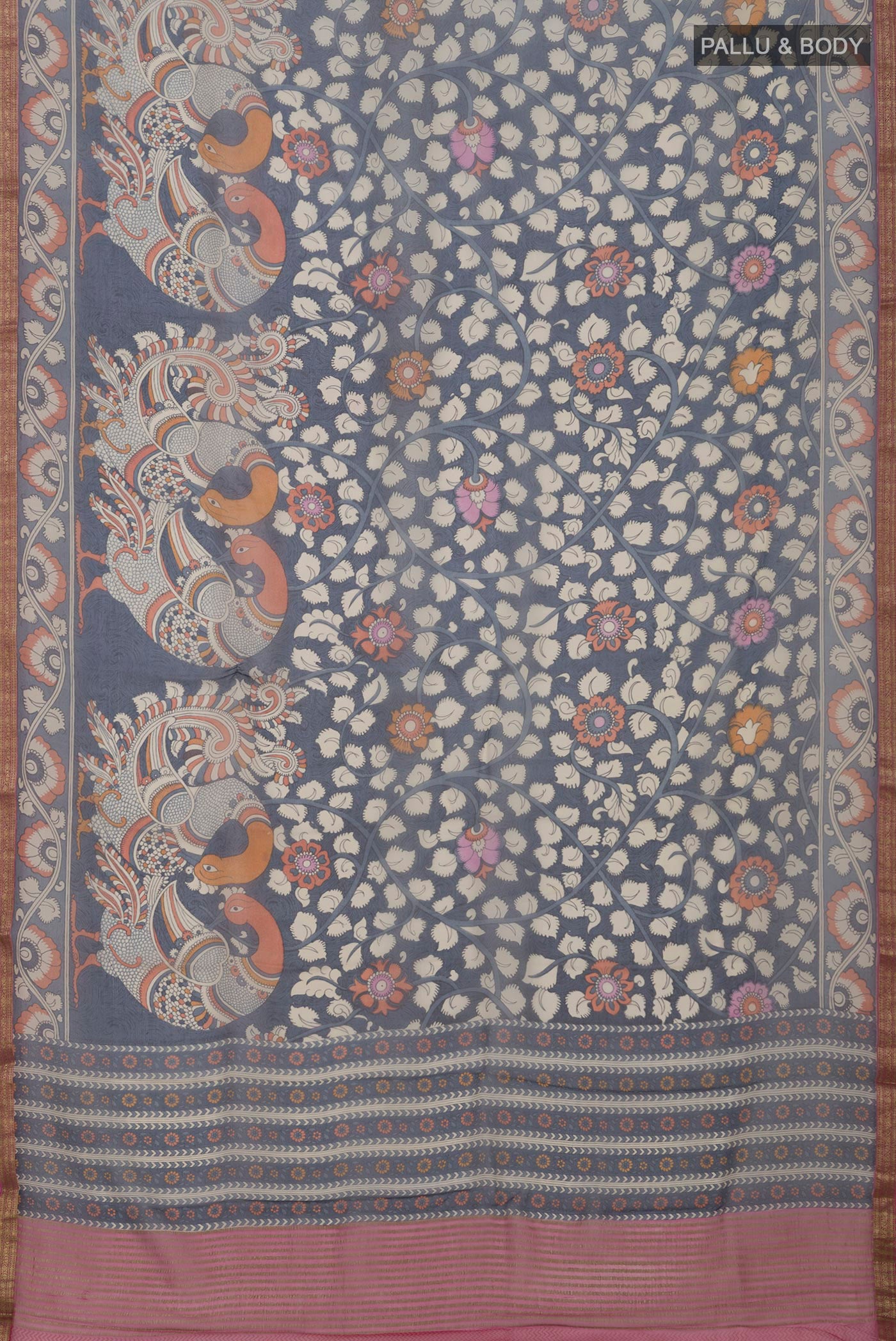 Flat view of Blue Grey Chiffon Saree with Printed design on the body and Zari Border. 