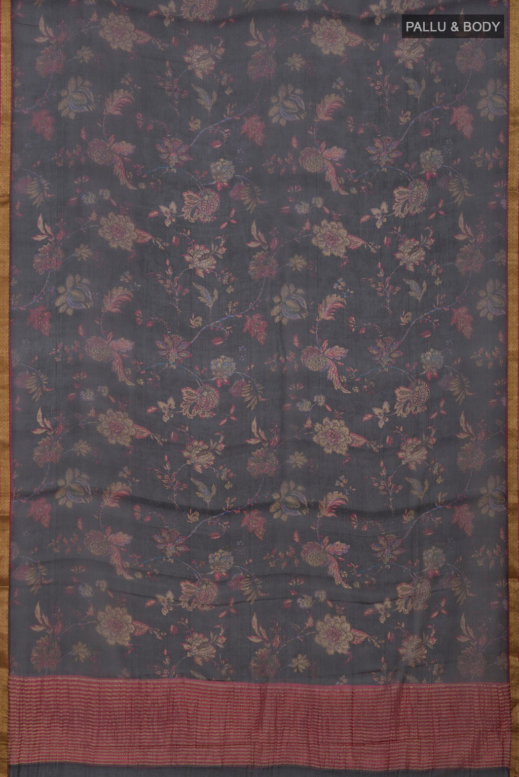 Flat view of Black Chiffon Saree with Printed design on the body and Zari Border. 