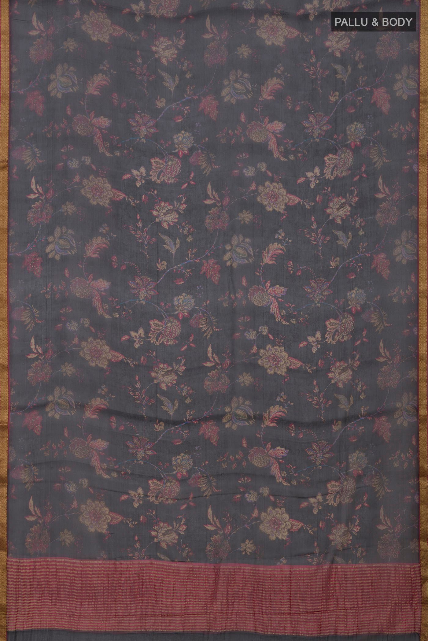 Flat view of Black Chiffon Saree with Printed design on the body and Zari Border. 