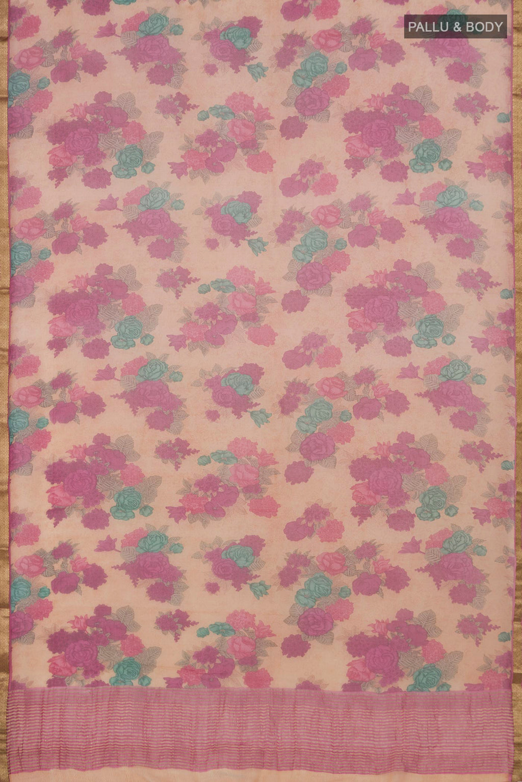 Flat view of Brown Mysore Chiffon Saree with Floral Print on the body and Zari Border. 