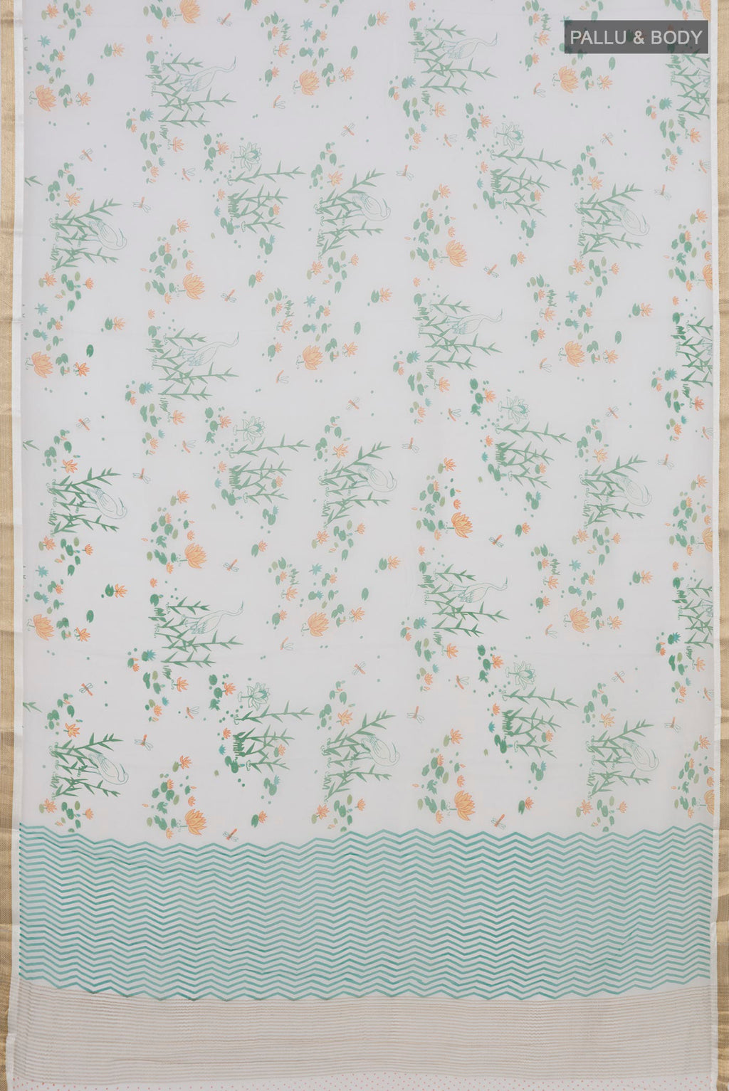 Flat view of White Mysore Chiffon Saree with Floral Print on the body and Zari Border. 
