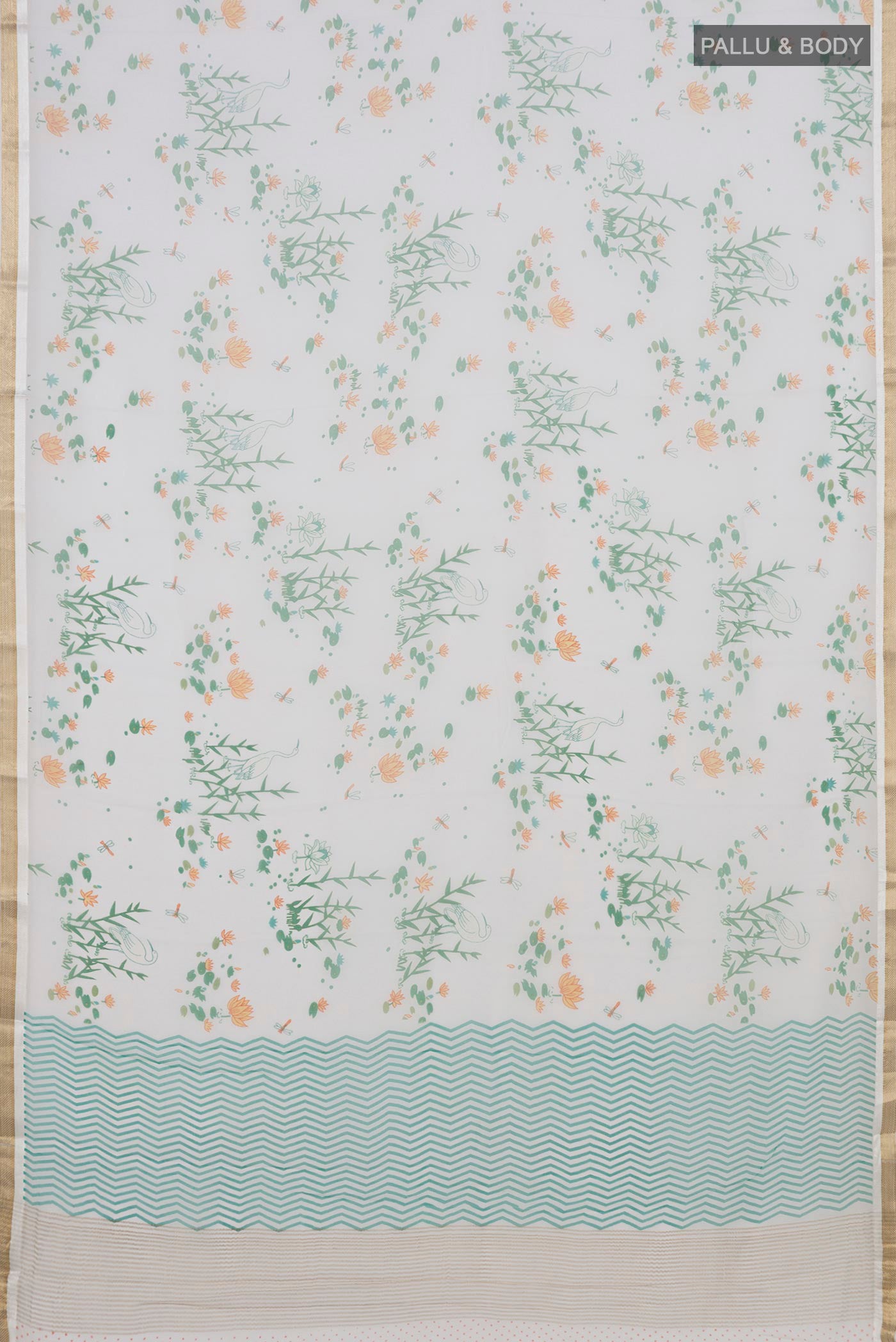 Flat view of White Mysore Chiffon Saree with Floral Print on the body and Zari Border. 