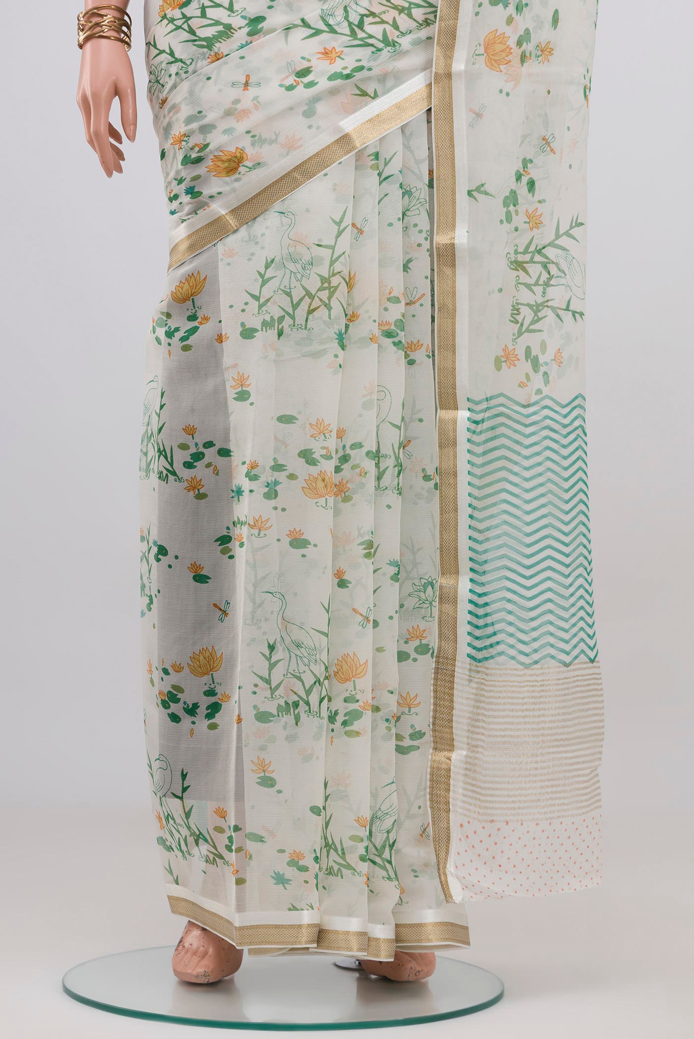 Pleats and pallu of White Mysore Chiffon Saree with Floral Print on the body and Zari Border. 