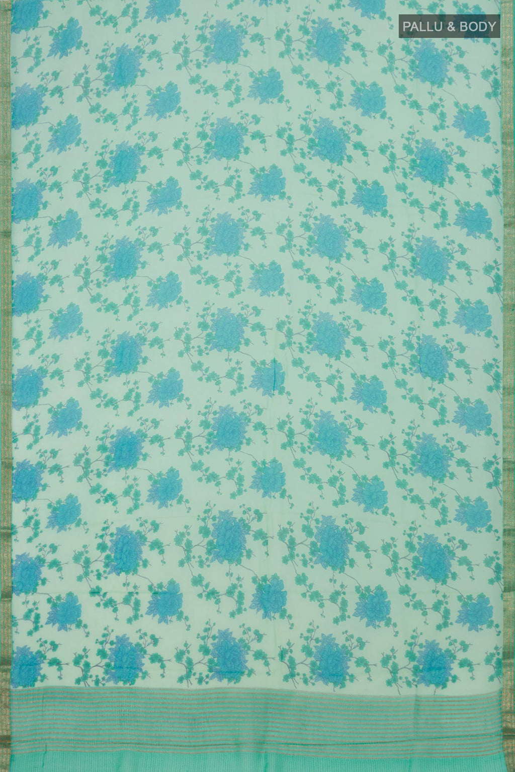 Flat view of Mint Green Mysore Chiffon Saree with Floral Print on the body and Zari Border. 