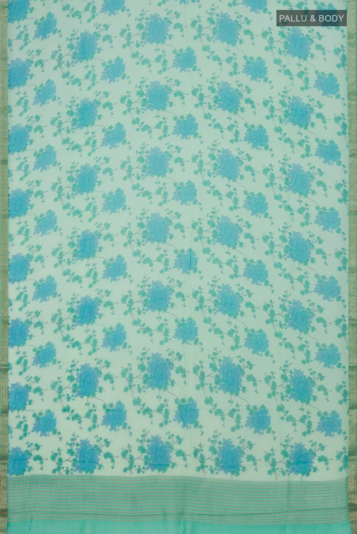 Flat view of Mint Green Mysore Chiffon Saree with Floral Print on the body and Zari Border. 