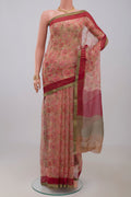 Beige Chiffon Saree with Printed design on the body and Zari Border.  displayed on a mannequin
