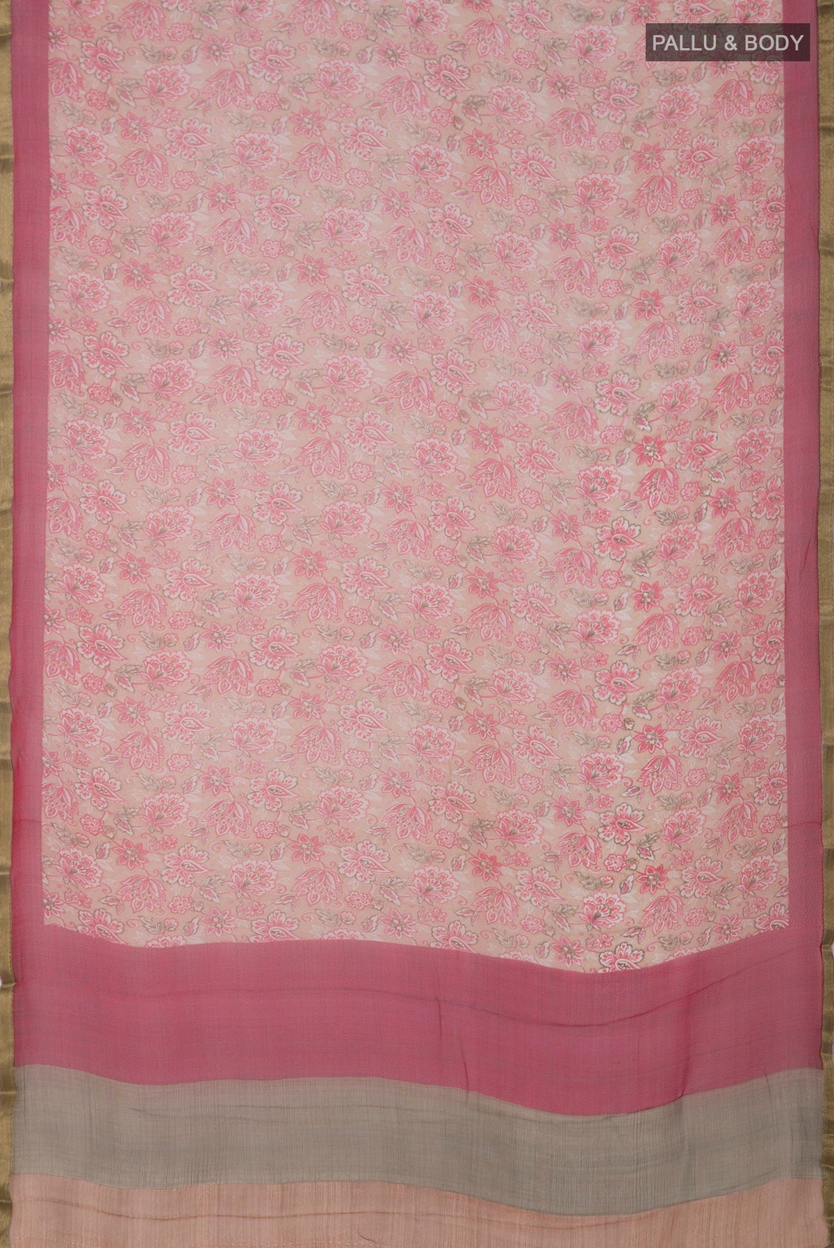 Flat view of Beige Chiffon Saree with Printed design on the body and Zari Border. 