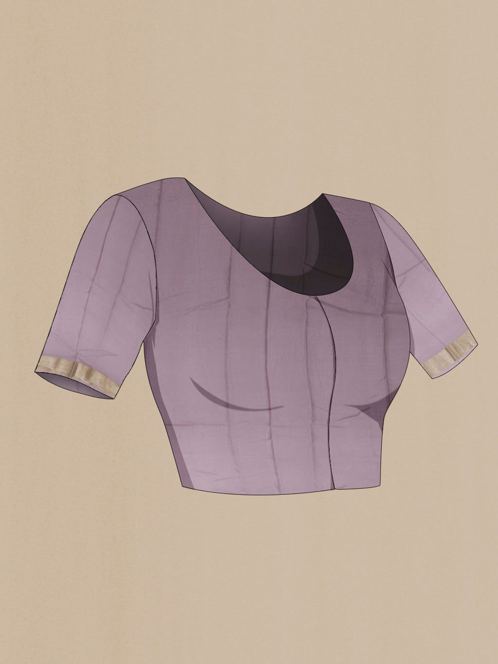 Close up image of the blouse of Lavender Mysore Chiffon Saree with Plain Body and Zari Border. 