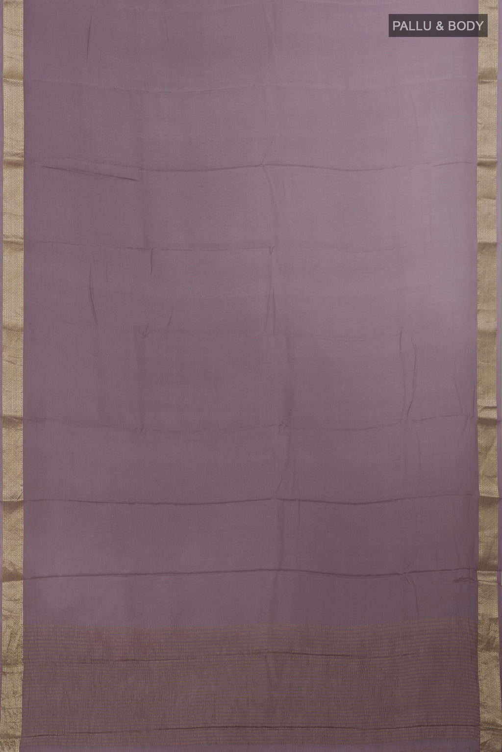Flat view of Lavender Mysore Chiffon Saree with Plain Body and Zari Border. 