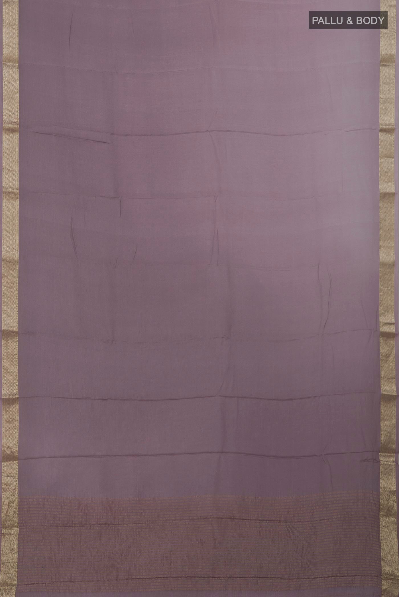 Flat view of Lavender Mysore Chiffon Saree with Plain Body and Zari Border. 