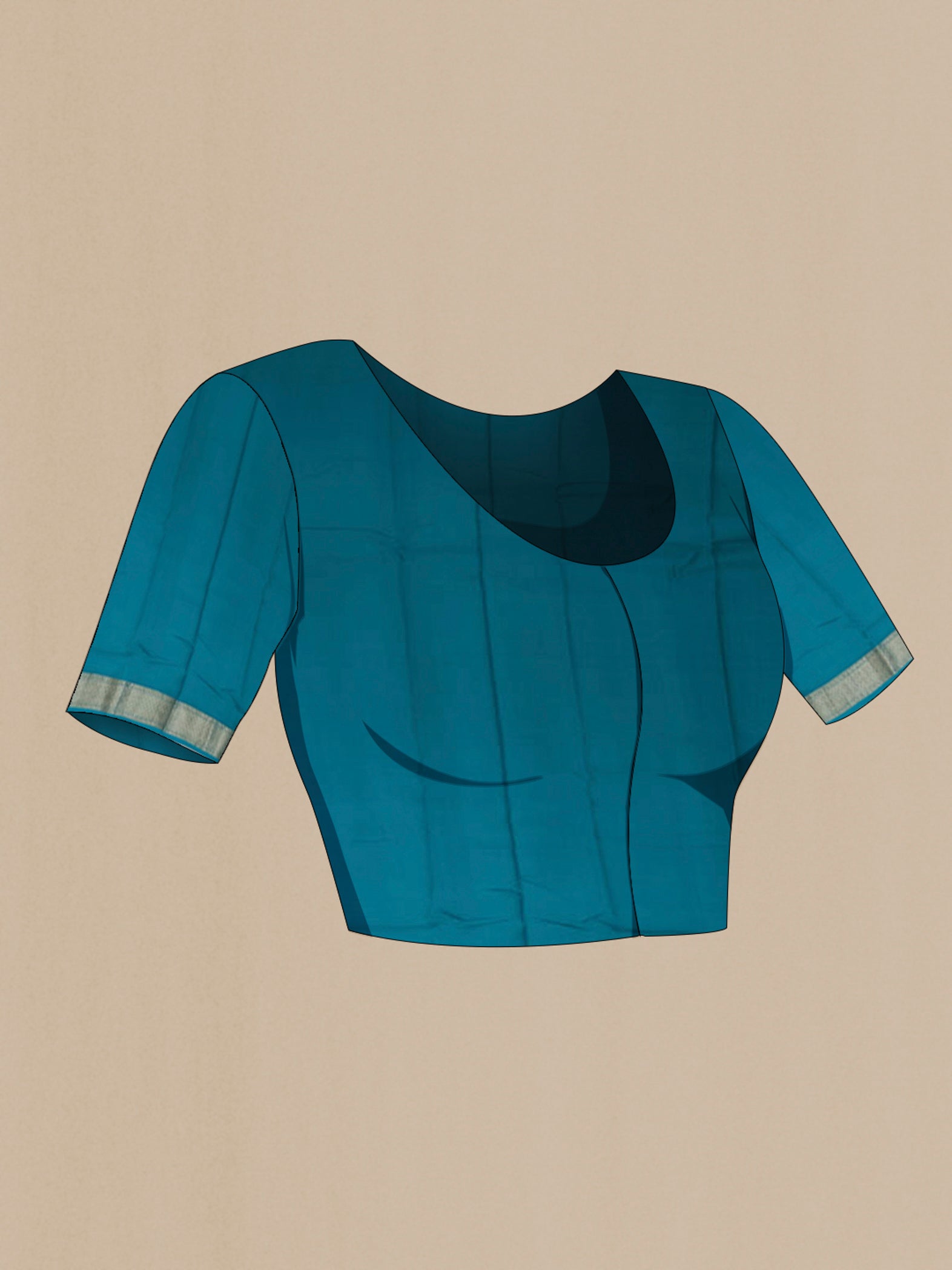 Close up image of the blouse of Blue Mysore Chiffon Saree with Ombre design on the body and Zari Border. 