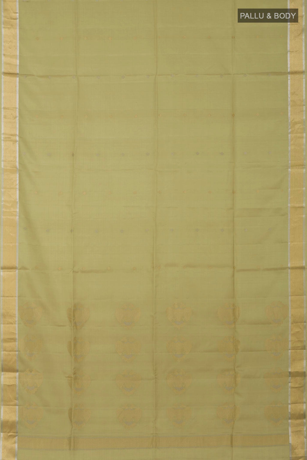 Flat view of Beige Soft Silk Saree with Zari Butta on the body and Zari Border. 