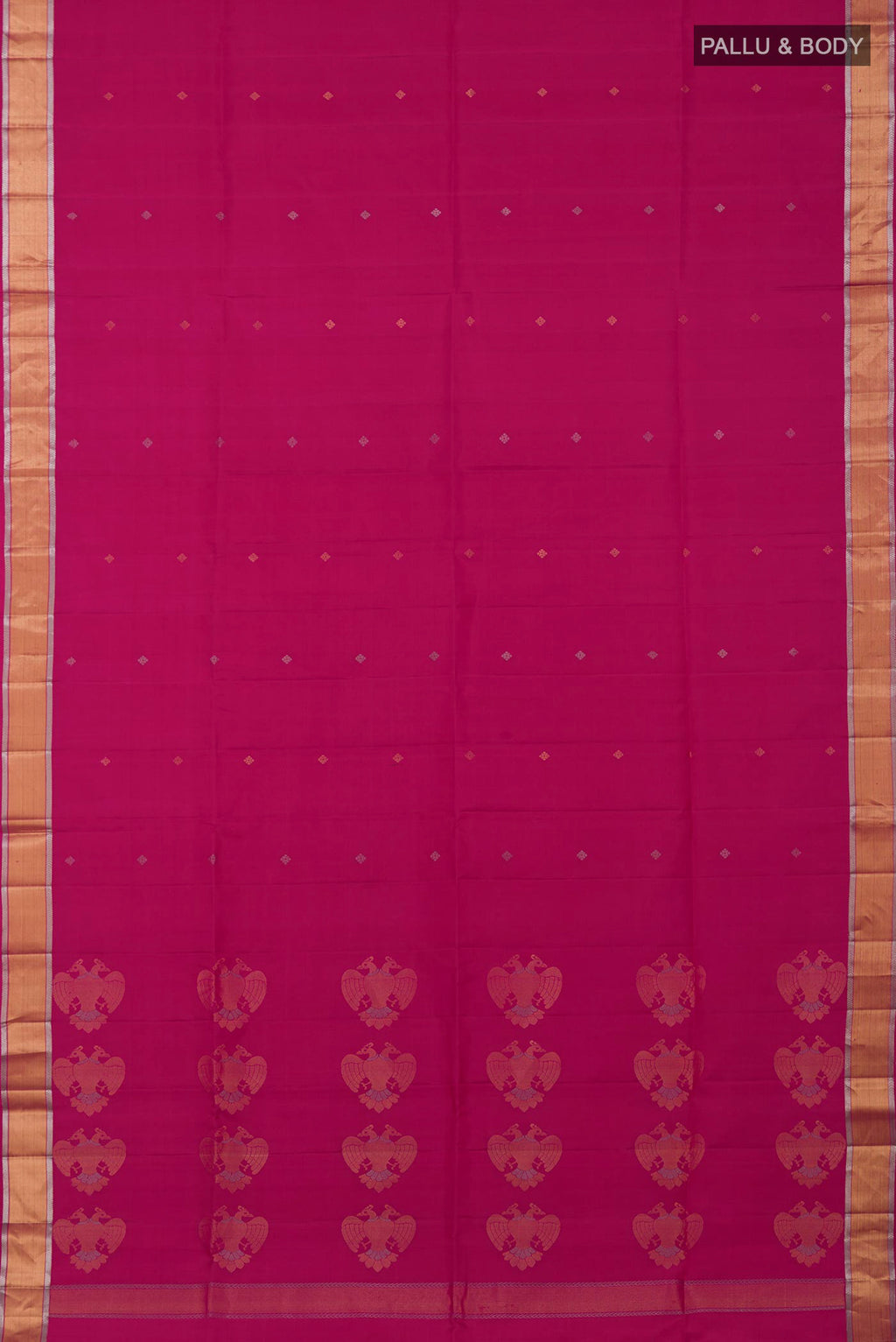 Flat view of Rani Pink Soft Silk Saree with Zari Butta on the body and Zari Border. 