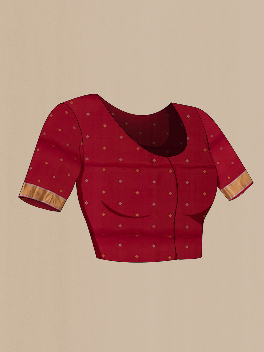 Close up image of the blouse of Rust Soft Silk Saree with Zari Butta on the body and Zari Border. 
