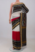 Multi Color Soft Silk Saree with Plain Body and Ikat Border.  displayed on a mannequin