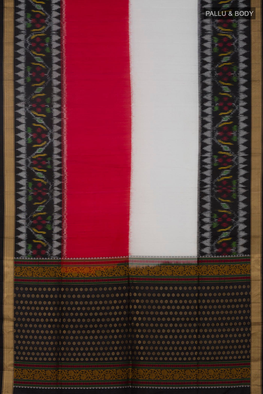 Flat view of Multi Color Soft Silk Saree with Plain Body and Ikat Border. 