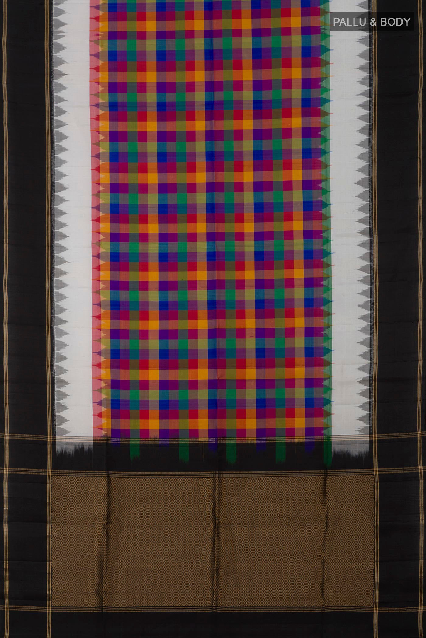 Flat view of Multi Color Soft Silk Saree with Checked design on the body and Plain Border. 
