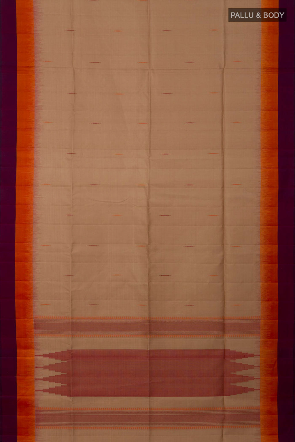 Flat view of Brown Soft Silk Saree with Thread Butta on the body and Plain Border. 