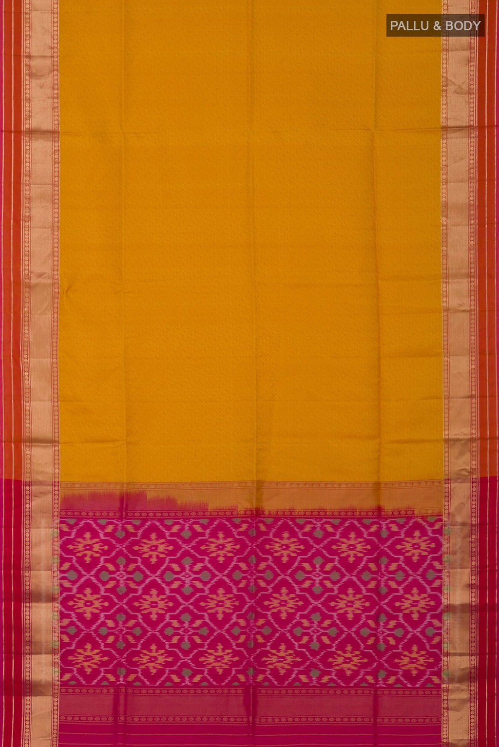 Flat view of Mustard Soft Silk Saree with Jacquard design on the body and Zari Border. 