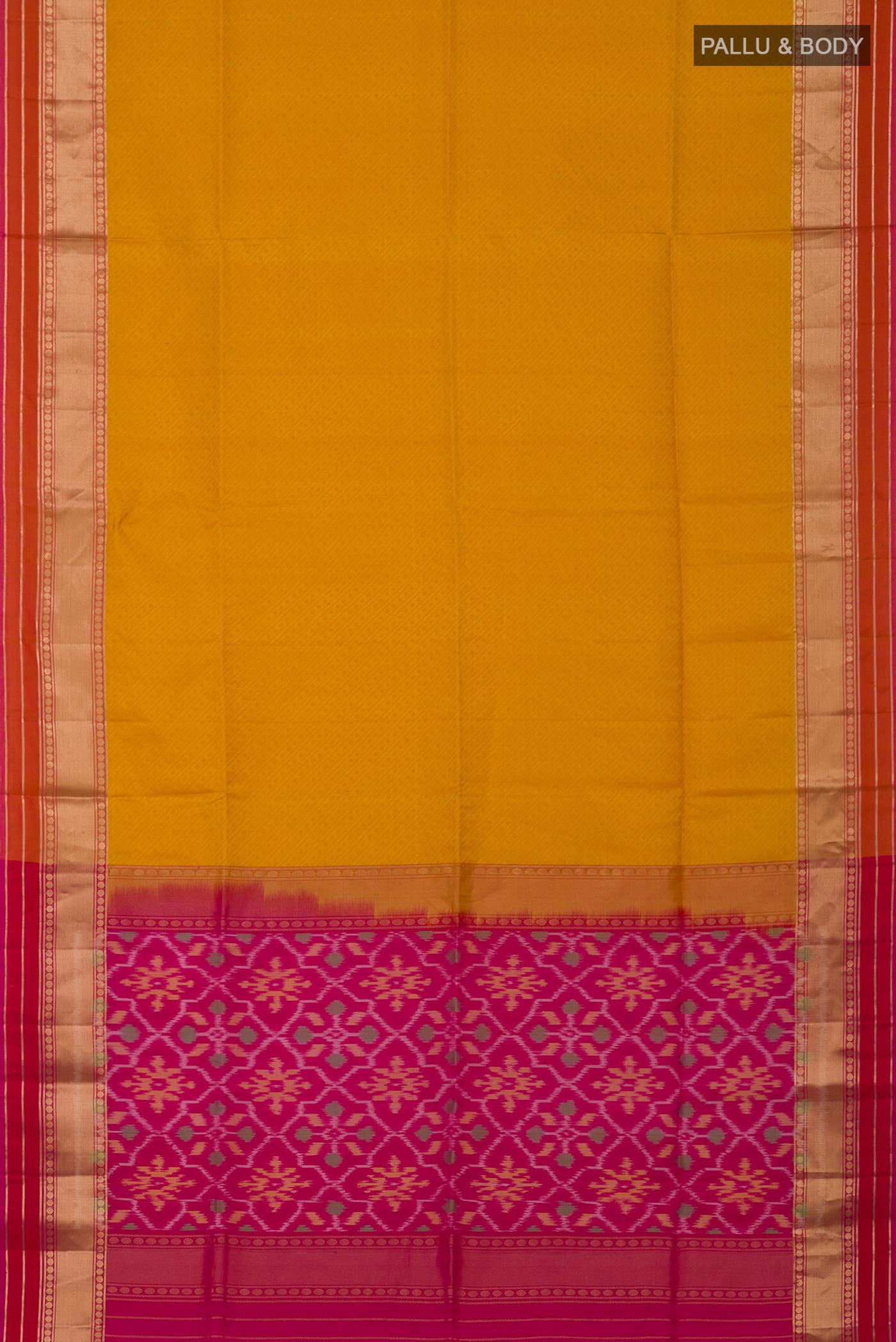 Flat view of Mustard Soft Silk Saree with Jacquard design on the body and Zari Border. 