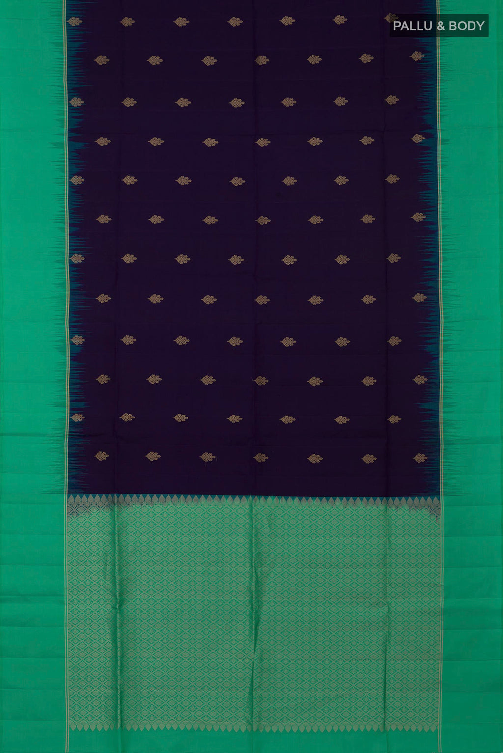 Flat view of Blue Soft Silk Saree with Zari Butta on the body and Thin Zari Line. 
