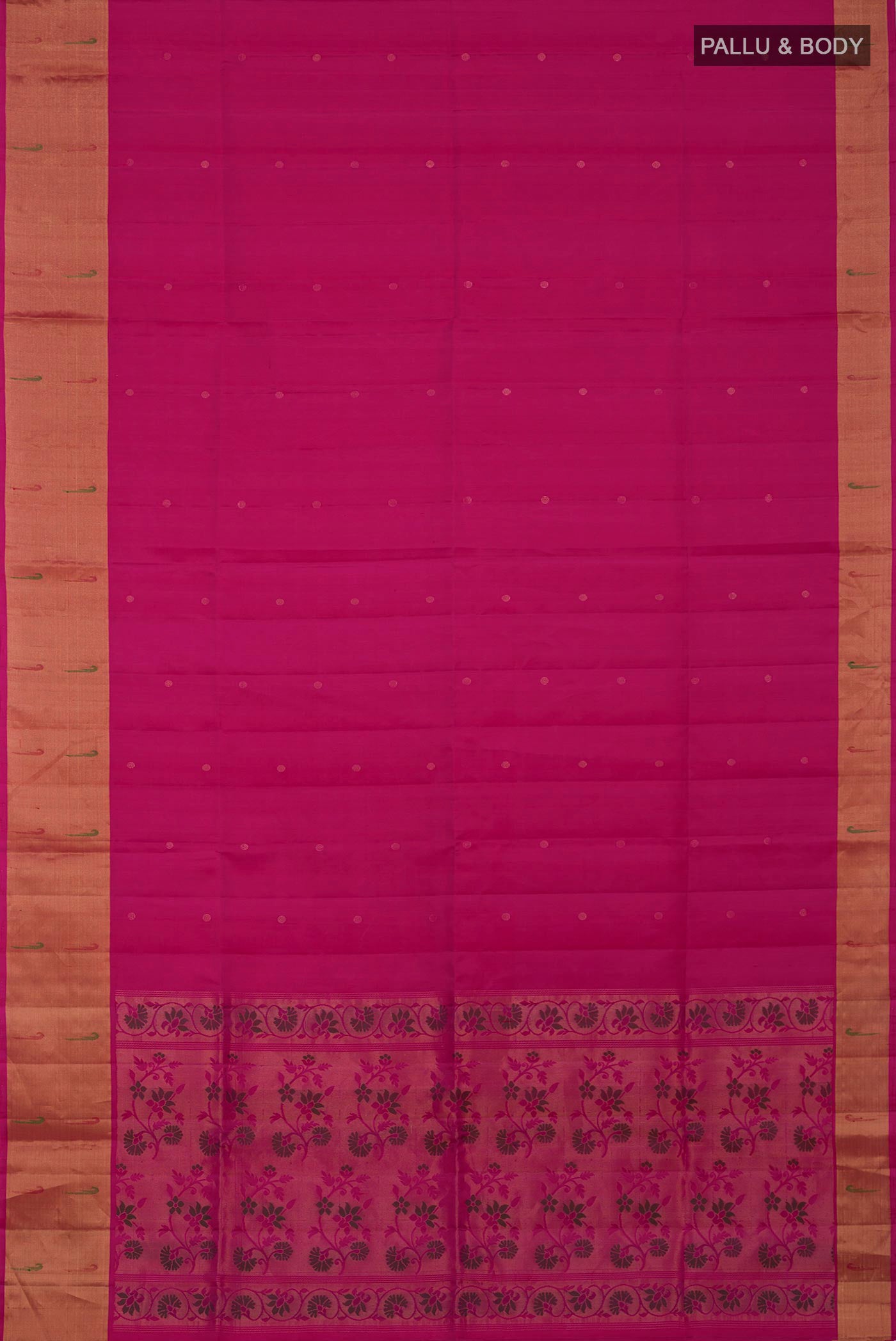 Flat view of Pink Soft Silk Saree with Zari Butta on the body and Zari Border. 