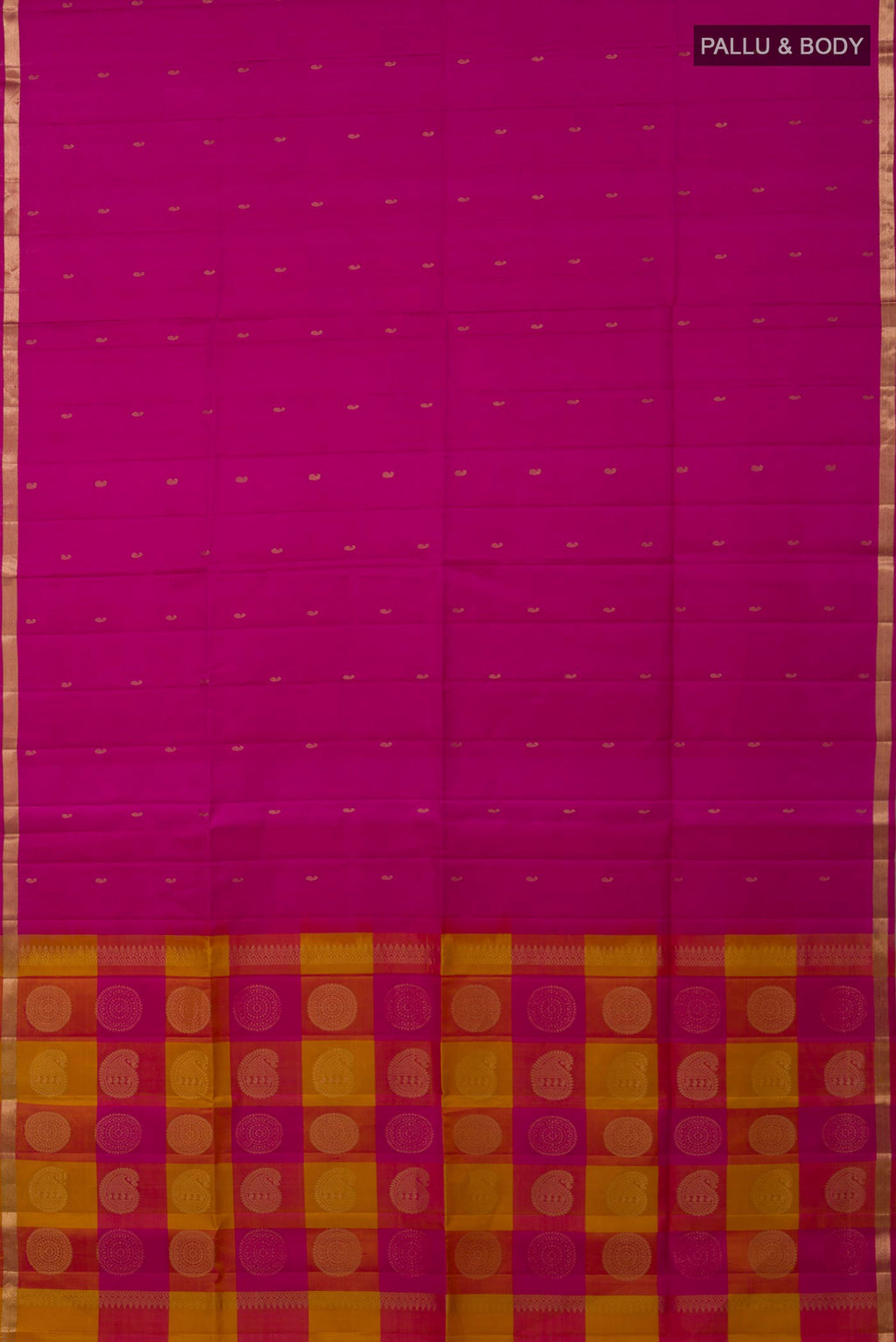 Flat view of Pink Soft Silk Saree with Zari Butta on the body and Thin Zari Line. 